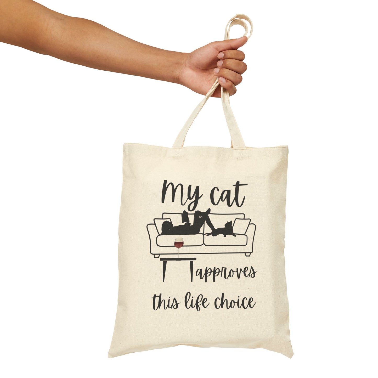 Cat, wine and book Lover Cotton Canvas Tote Bag – "My Cat Approves This Life Choice"