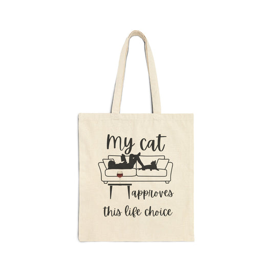 Cat, wine and book Lover Cotton Canvas Tote Bag – "My Cat Approves This Life Choice"