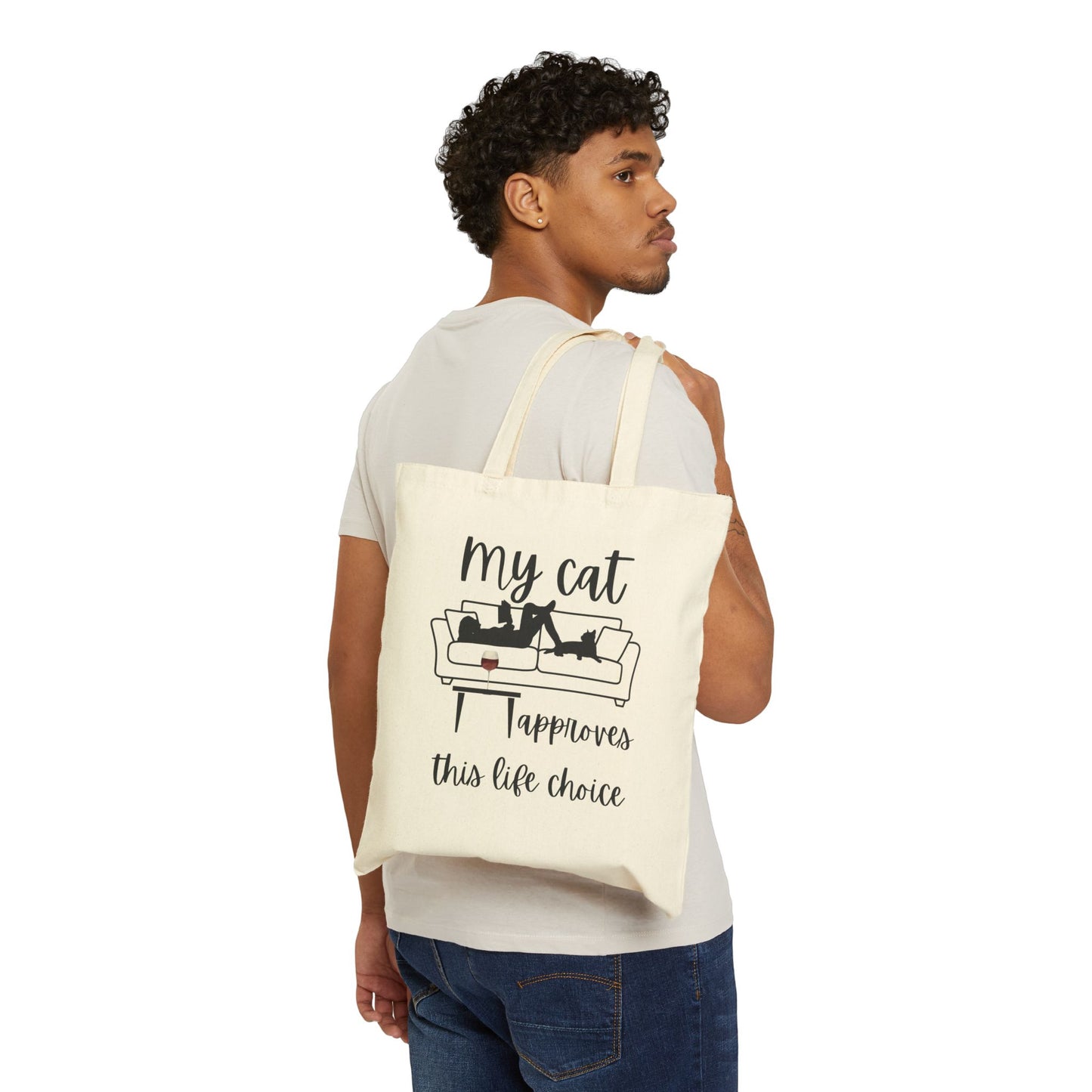 Cat, wine and book Lover Cotton Canvas Tote Bag – "My Cat Approves This Life Choice"