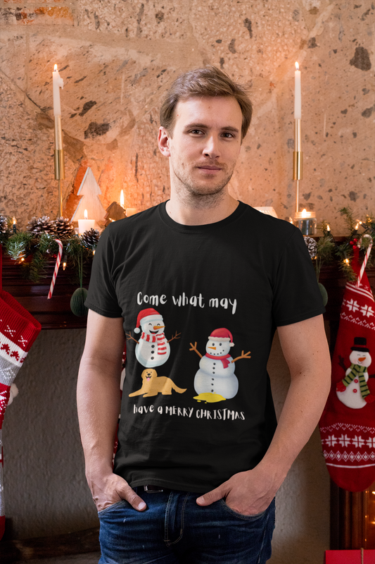 Snowman Dog Holiday T-Shirt — Cute Snowmen & Playful Pup Christmas Tee