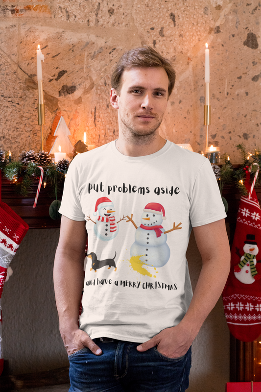 Christmas Snowmen Tee - "Put Problems Aside and Have a Merry Christmas" Holiday T-Shirt